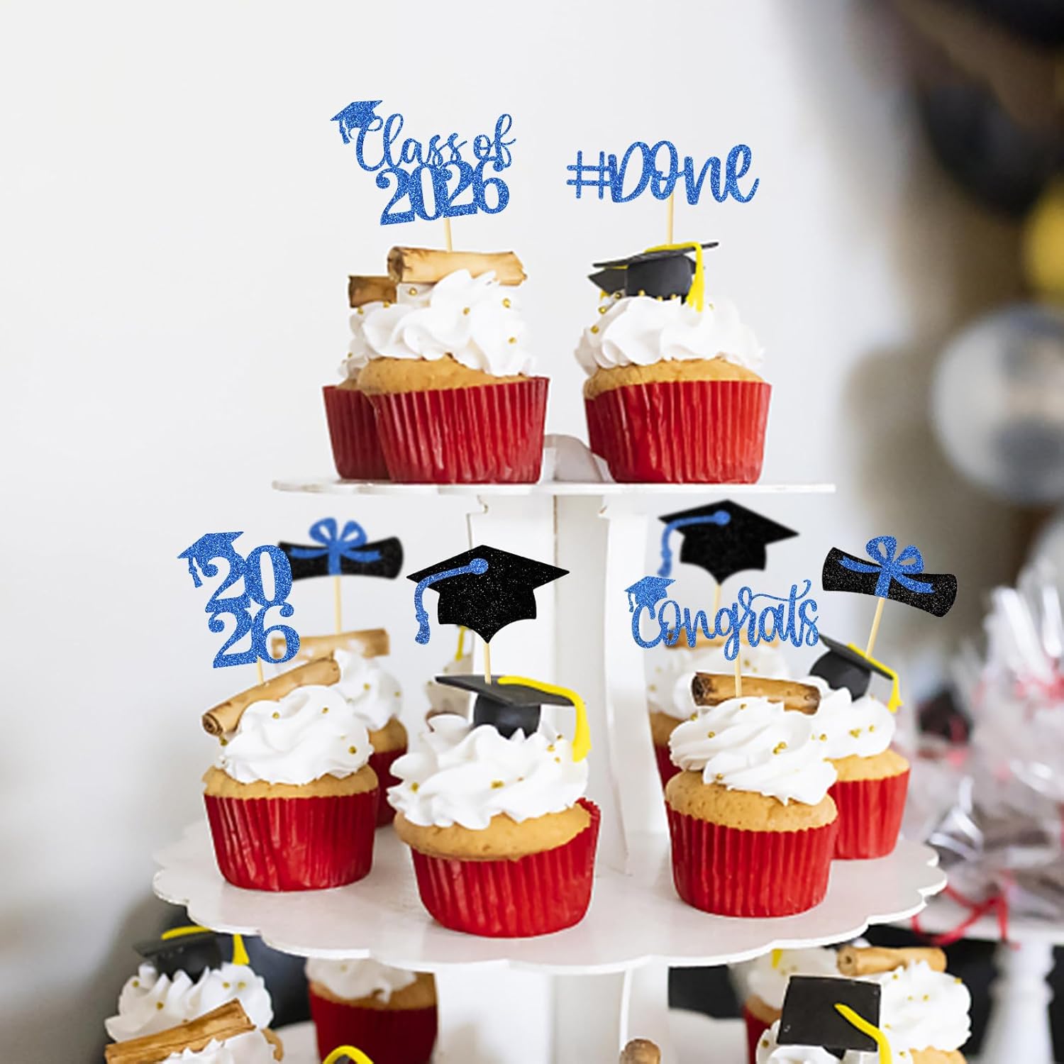 Graduation Decorations 2026-24Pcs Glitter Graduation Cupcake Toppers for Class of 2026 Party Decorations