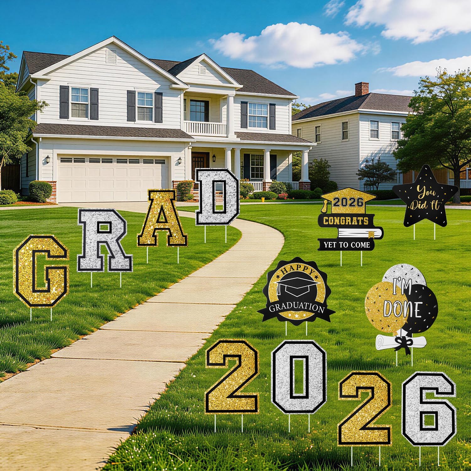 Graduation Decorations 12Pcs Waterproof Black Graduation Yard Signs Class of 2026 Outdoor Congrats Grad Sign with Stakes for Garden Lawn Yard College High School Graduation Party Decorations