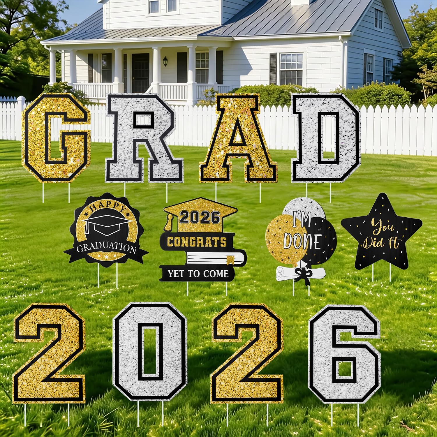 Graduation Decorations 12Pcs Waterproof Black Graduation Yard Signs Class of 2026 Outdoor Congrats Grad Sign with Stakes for Garden Lawn Yard College High School Graduation Party Decorations