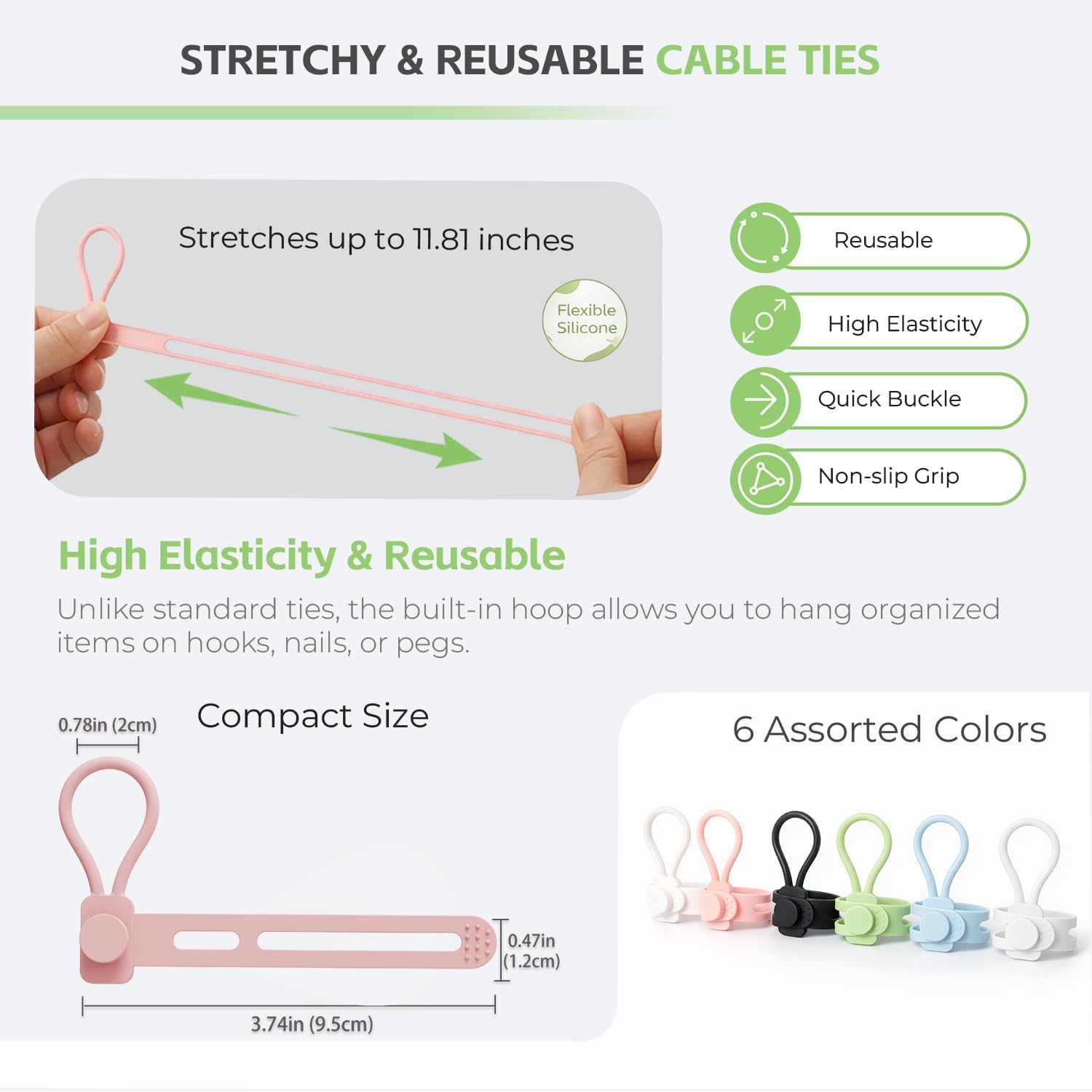 6 PCS Silicone Cable Ties - Reusable Cord Organizer with Hanging Loop, Adjustable Organizer Straps for Cords, Tools, Charger Cable, Kitchen Accessories, Home Office