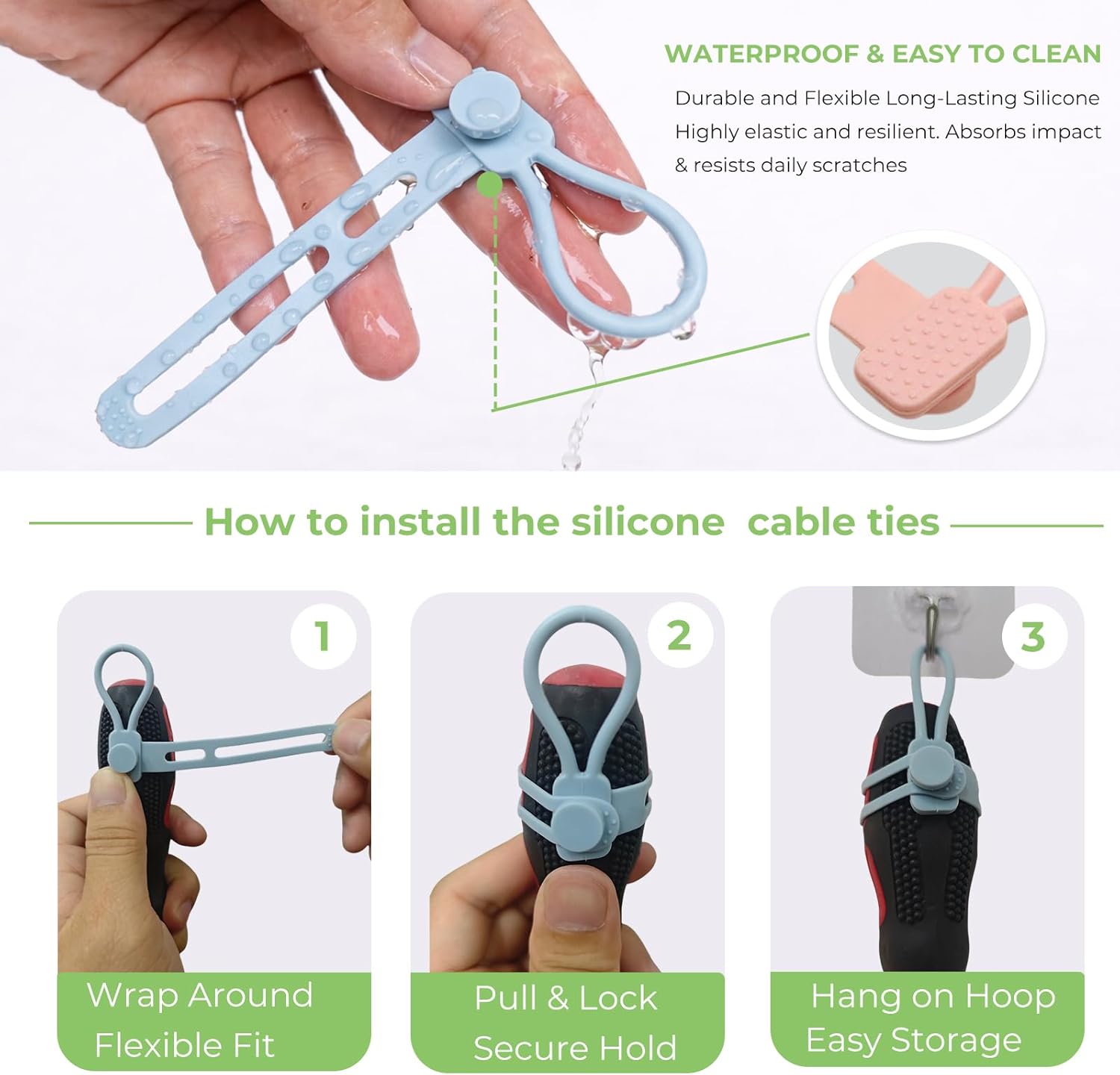 6 PCS Silicone Cable Ties - Reusable Cord Organizer with Hanging Loop, Adjustable Organizer Straps for Cords, Tools, Charger Cable, Kitchen Accessories, Home Office