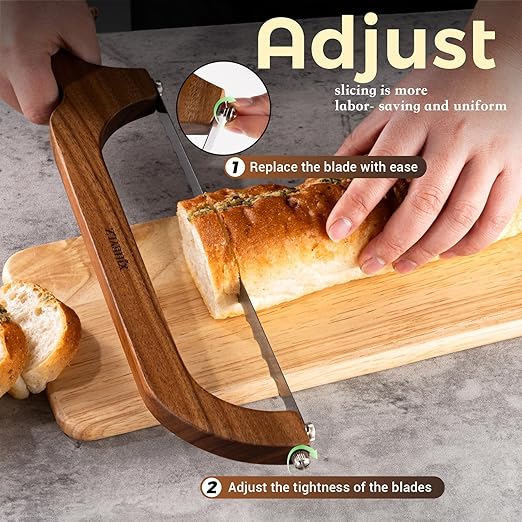 Sourdough bread knife,Bread Slicer for Homemade Bread,Adjustable blade tightness for Even Slicing, Serrated knife,Wooden Bread cutter with Bow Design (3, Natural Wood)