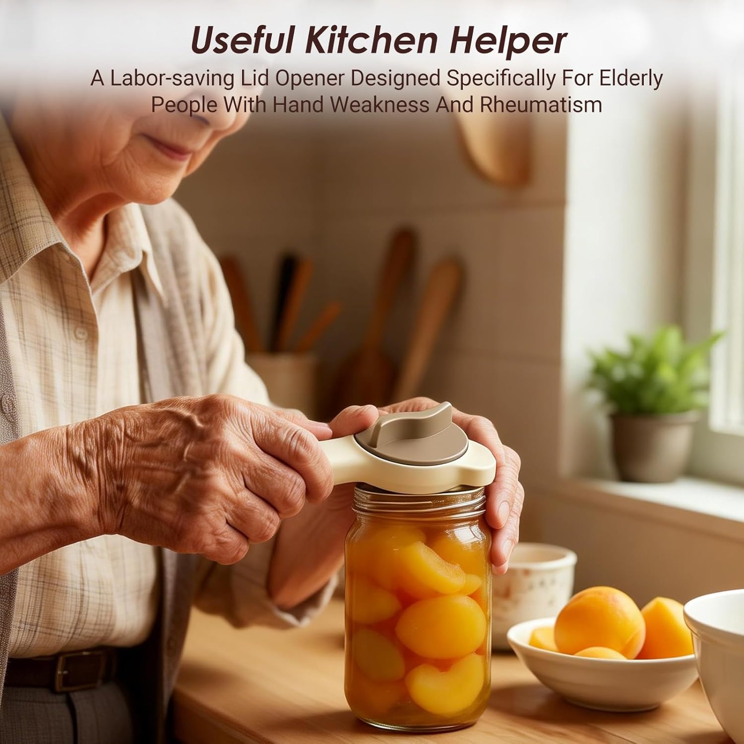 4 in 1 Multi-Purpose Jar Opener, Adjustable Stainless Steel Lid Remover for Seniors & Arthritis Sufferers, Jar Opener for Weak Hands with Bottle Cap Opener, Fits Kitchen Jars, Bottles & Cans (Beige)
