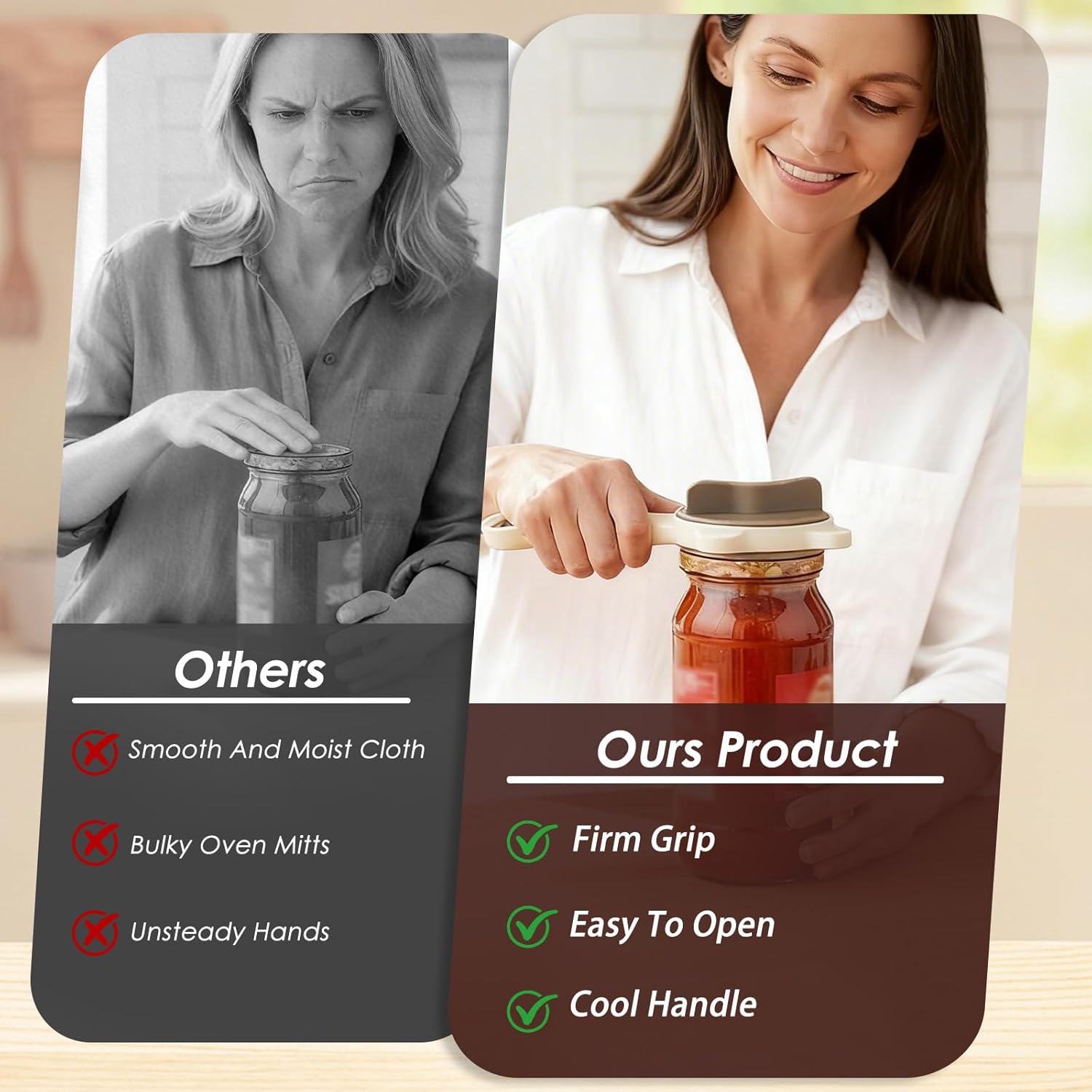 4 in 1 Multi-Purpose Jar Opener, Adjustable Stainless Steel Lid Remover for Seniors & Arthritis Sufferers, Jar Opener for Weak Hands with Bottle Cap Opener, Fits Kitchen Jars, Bottles & Cans (Beige)