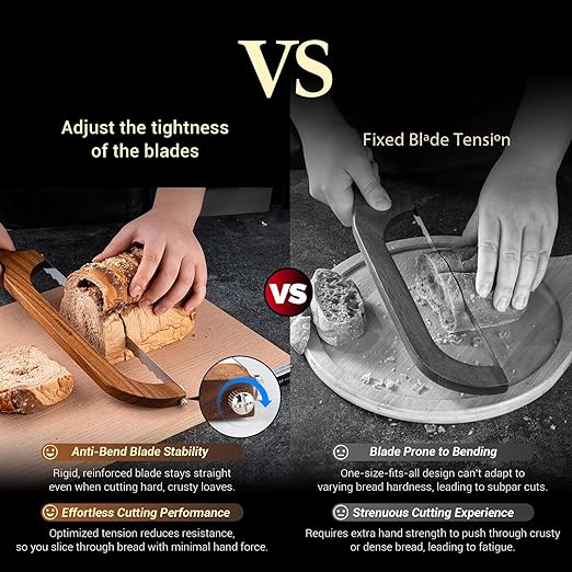 Sourdough bread knife,Bread Slicer for Homemade Bread,Adjustable blade tightness for Even Slicing, Serrated knife,Wooden Bread cutter with Bow Design (3, Natural Wood)