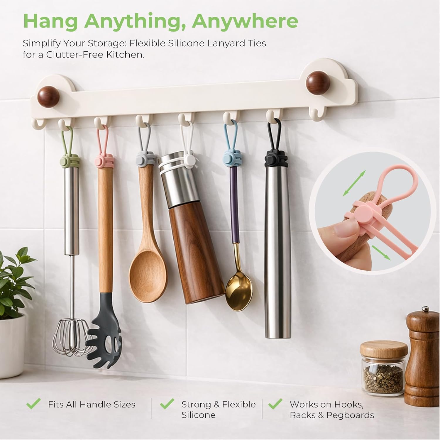 6 PCS Silicone Cable Ties - Reusable Cord Organizer with Hanging Loop, Adjustable Organizer Straps for Cords, Tools, Charger Cable, Kitchen Accessories, Home Office