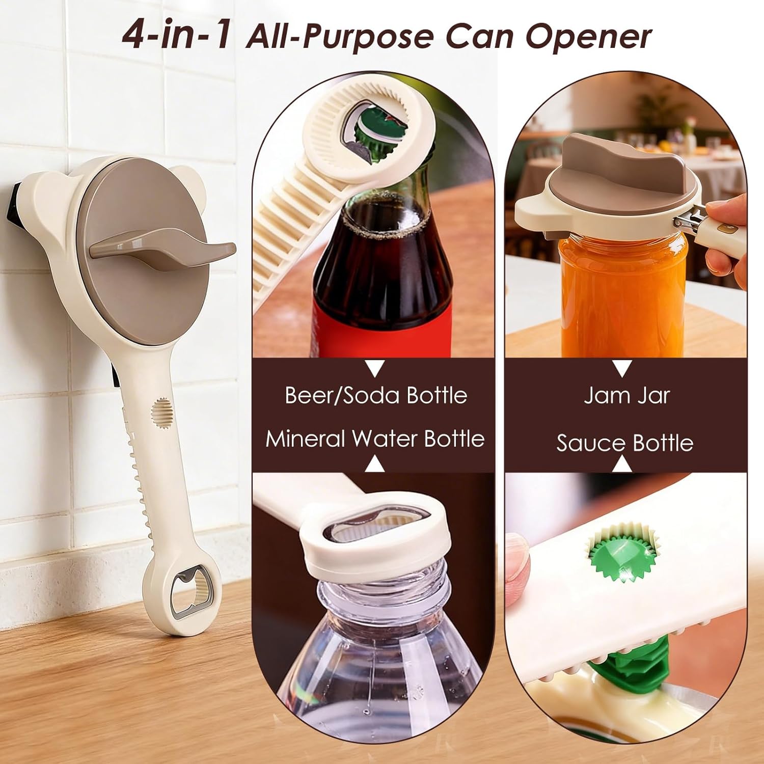 4 in 1 Multi-Purpose Jar Opener, Adjustable Stainless Steel Lid Remover for Seniors & Arthritis Sufferers, Jar Opener for Weak Hands with Bottle Cap Opener, Fits Kitchen Jars, Bottles & Cans (Beige)