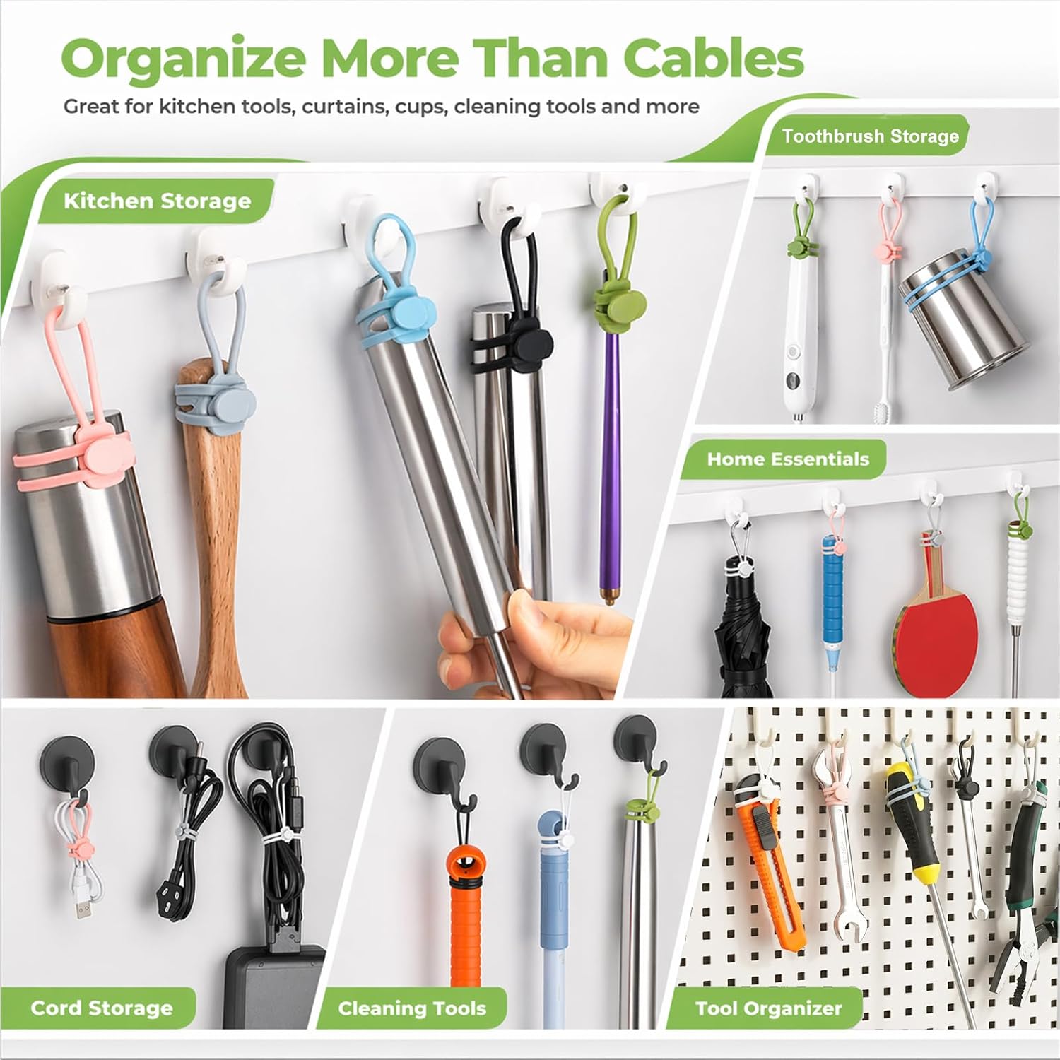 6 PCS Silicone Cable Ties - Reusable Cord Organizer with Hanging Loop, Adjustable Organizer Straps for Cords, Tools, Charger Cable, Kitchen Accessories, Home Office