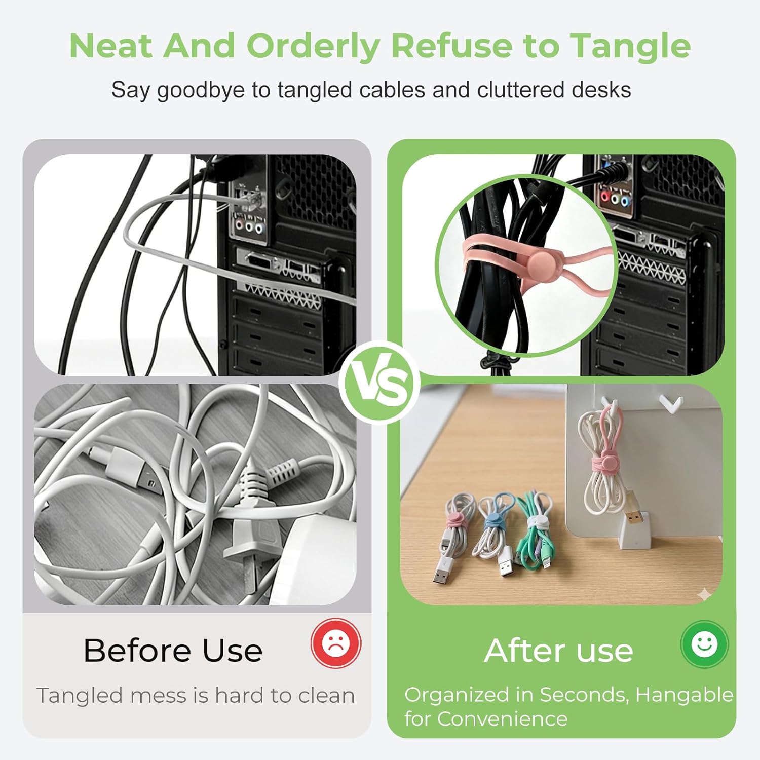 6 PCS Silicone Cable Ties - Reusable Cord Organizer with Hanging Loop, Adjustable Organizer Straps for Cords, Tools, Charger Cable, Kitchen Accessories, Home Office