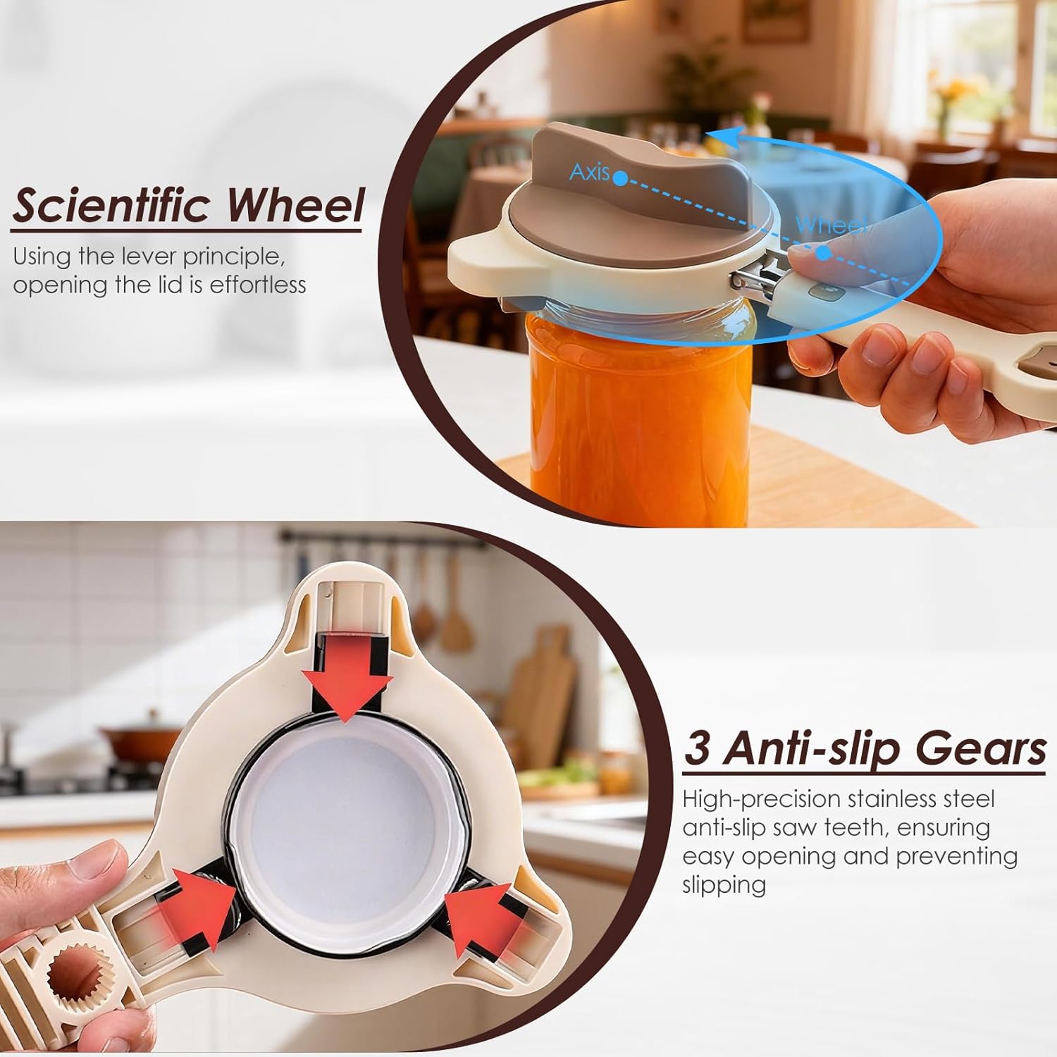 4 in 1 Multi-Purpose Jar Opener, Adjustable Stainless Steel Lid Remover for Seniors & Arthritis Sufferers, Jar Opener for Weak Hands with Bottle Cap Opener, Fits Kitchen Jars, Bottles & Cans (Beige)
