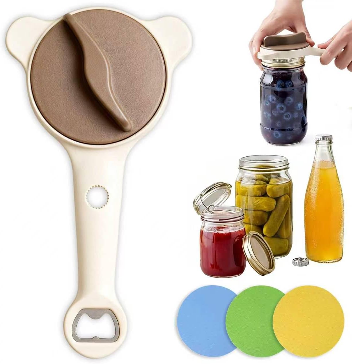 4 in 1 Multi-Purpose Jar Opener, Adjustable Stainless Steel Lid Remover for Seniors & Arthritis Sufferers, Jar Opener for Weak Hands with Bottle Cap Opener, Fits Kitchen Jars, Bottles & Cans (Beige)