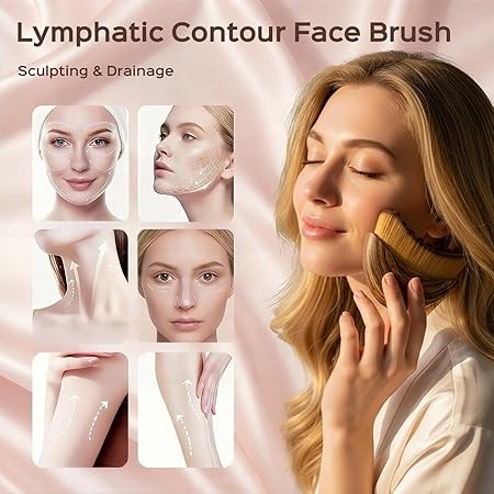 2PCS Lymphatic Contour Face Brush, Soft Facial Drainage Massager Tool for Face & Neck Lifting, Jawline Chin Sculpting, De-Puff Dry Brushing, Gua Sha Brush, Curved Ergonomic Design (Brown, 2-Pack)