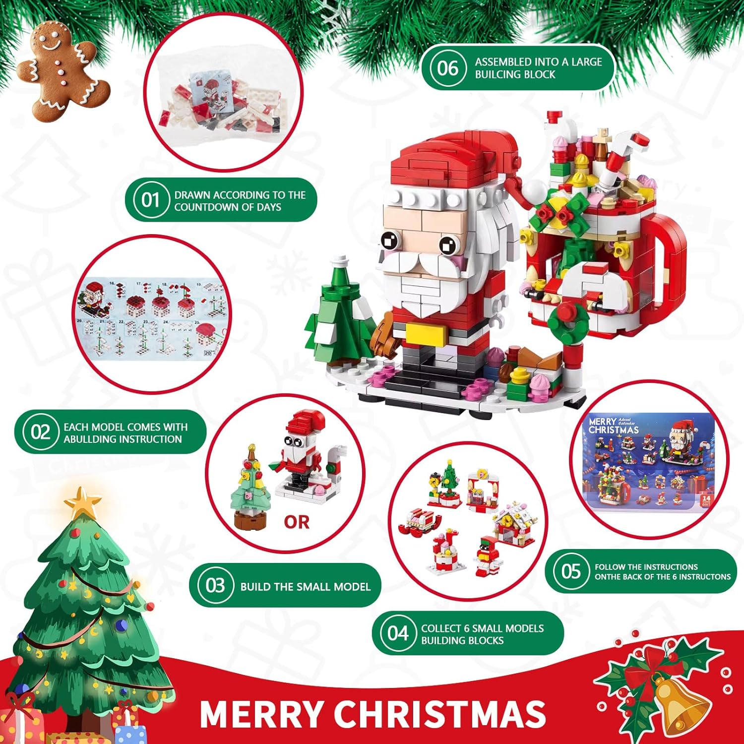2025 Christmas Advent Calendar 6 IN 1 Santa Claus Building Blocks Toys 12 Days Countdown Calendar Toys for Kids, Christmas Building Toy Party Favors, Kids Christma Gifts for Boys &amp; Girls