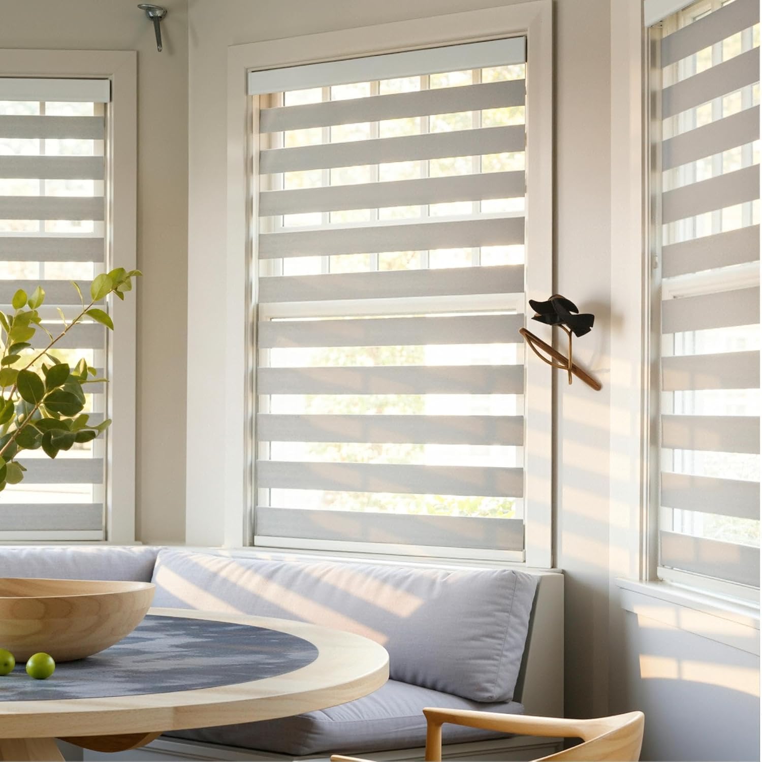 GHV Cordless Zebra Blinds for Windows Free-Stop Shades Light Filtering Dual Layer Light Control for Day and Night (White, 30 in (W) x 64 in (H))