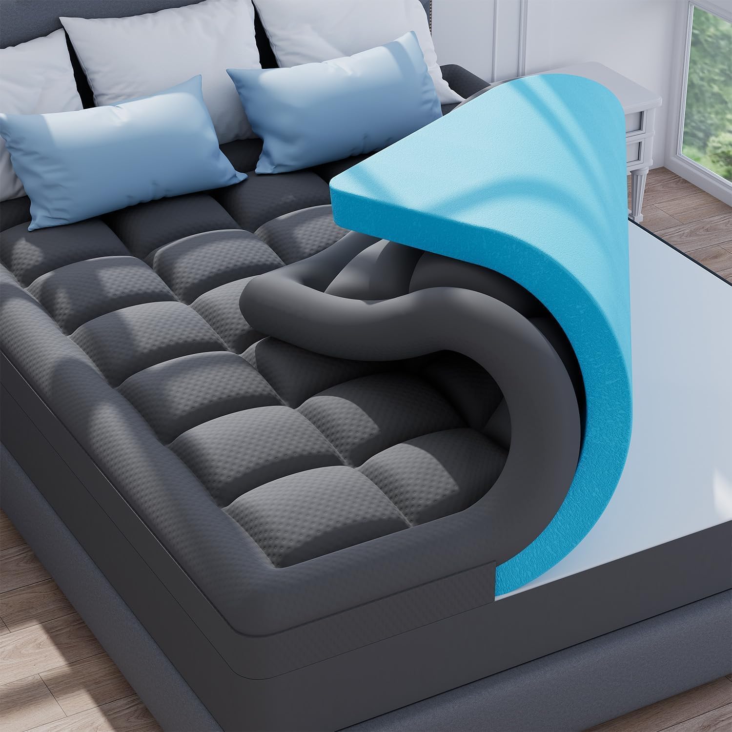 ELEMUSE Dual Layer 3 Inch Memory Foam Mattress Topper Twin, 2 Inch Cooling Gel Memory Foam Plus 1 Inch Down Alternative Pillowtop Mattress Pad with Cooling Cover, Soft Comfort Support, Black