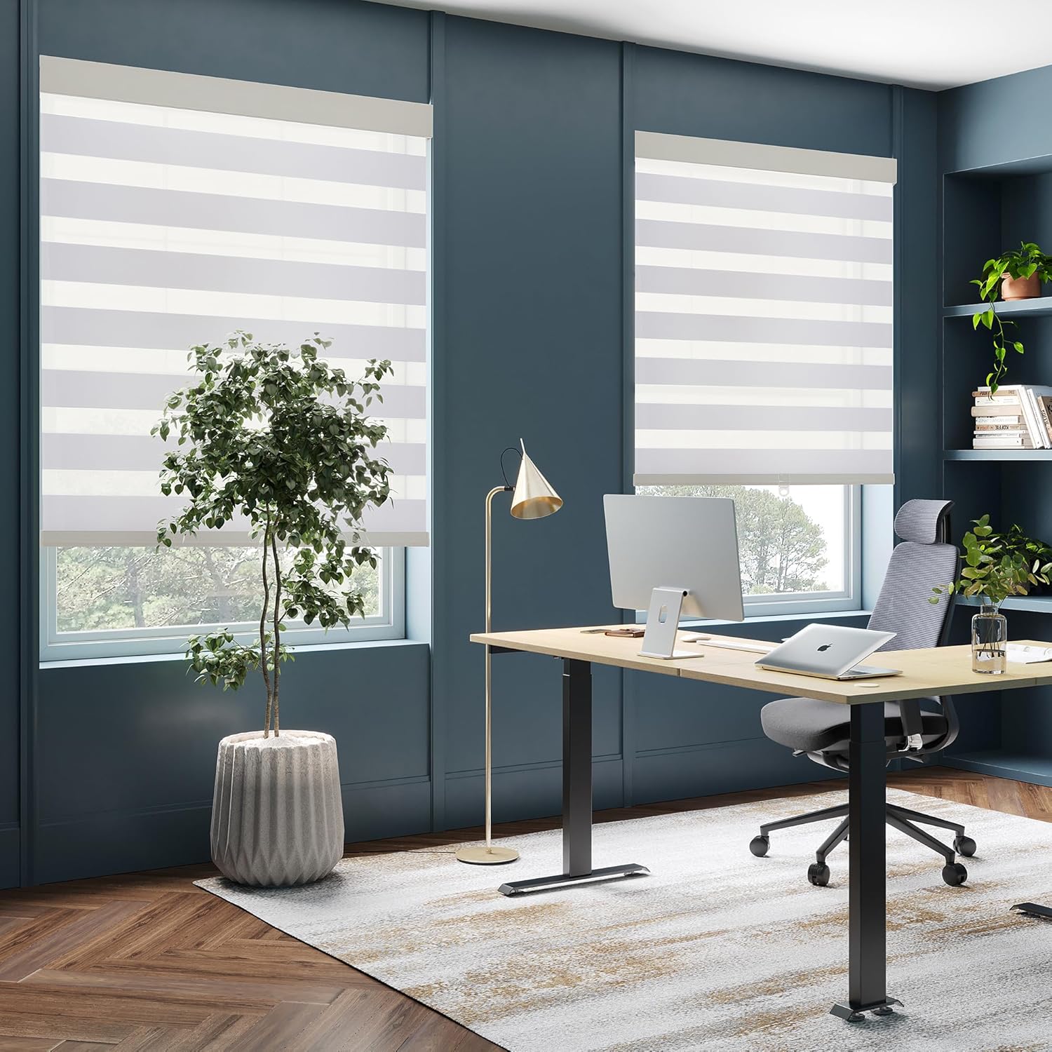 GHV Cordless Zebra Blinds for Windows Free-Stop Shades Light Filtering Dual Layer Light Control for Day and Night (White, 30 in (W) x 64 in (H))