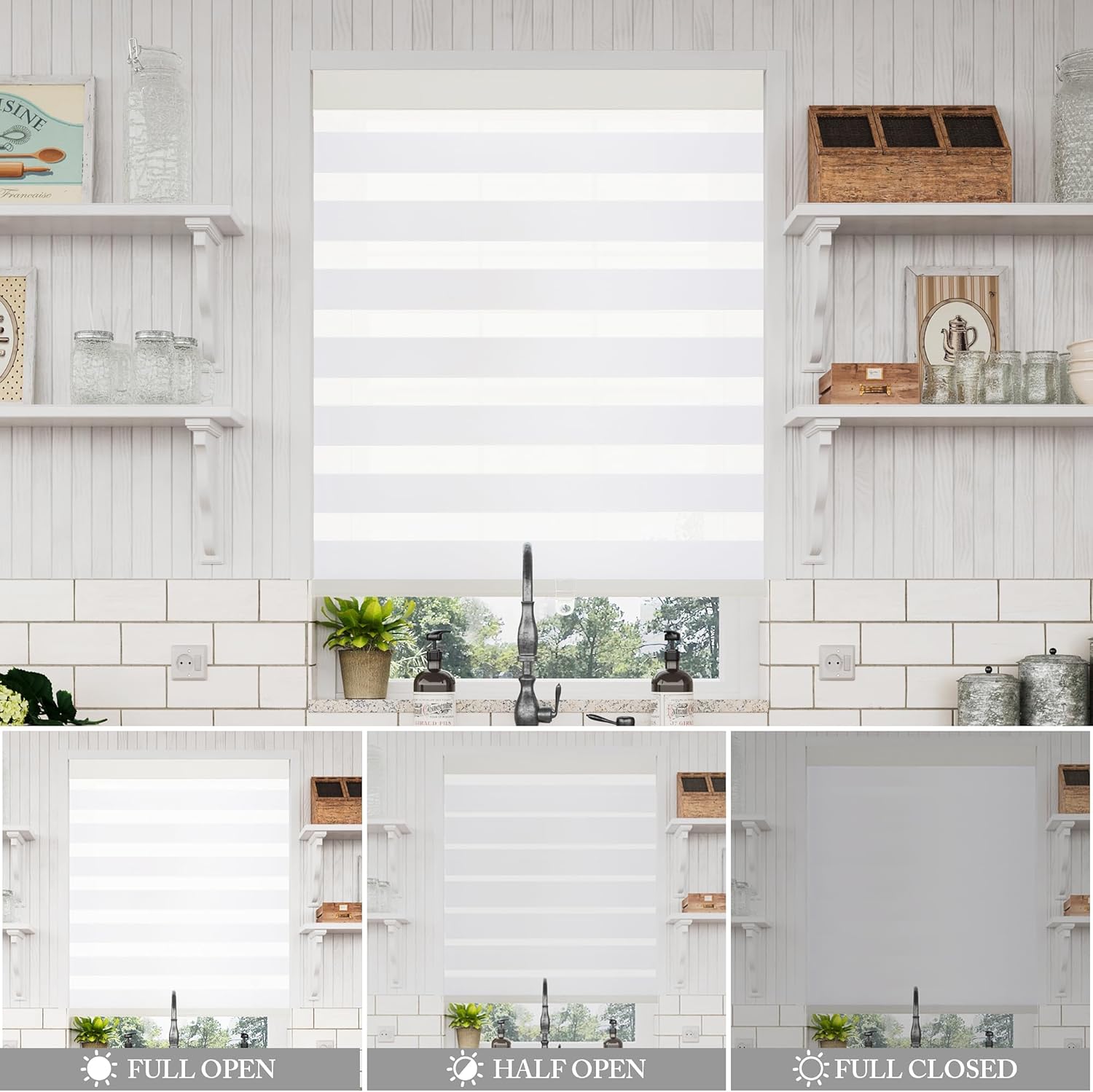 GHV Cordless Zebra Blinds for Windows Free-Stop Shades Light Filtering Dual Layer Light Control for Day and Night (White, 30 in (W) x 64 in (H))