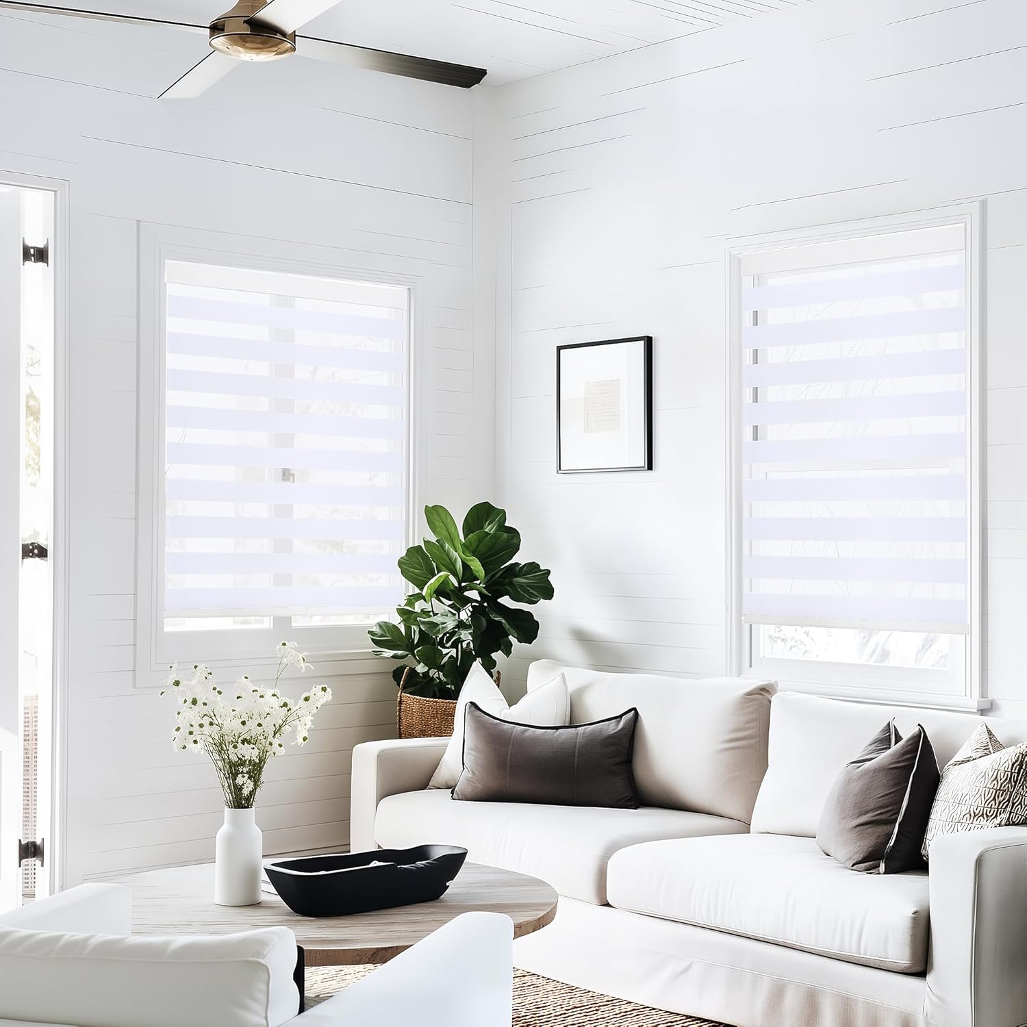 GHV Cordless Zebra Blinds for Windows Free-Stop Shades Light Filtering Dual Layer Light Control for Day and Night (White, 30 in (W) x 64 in (H))