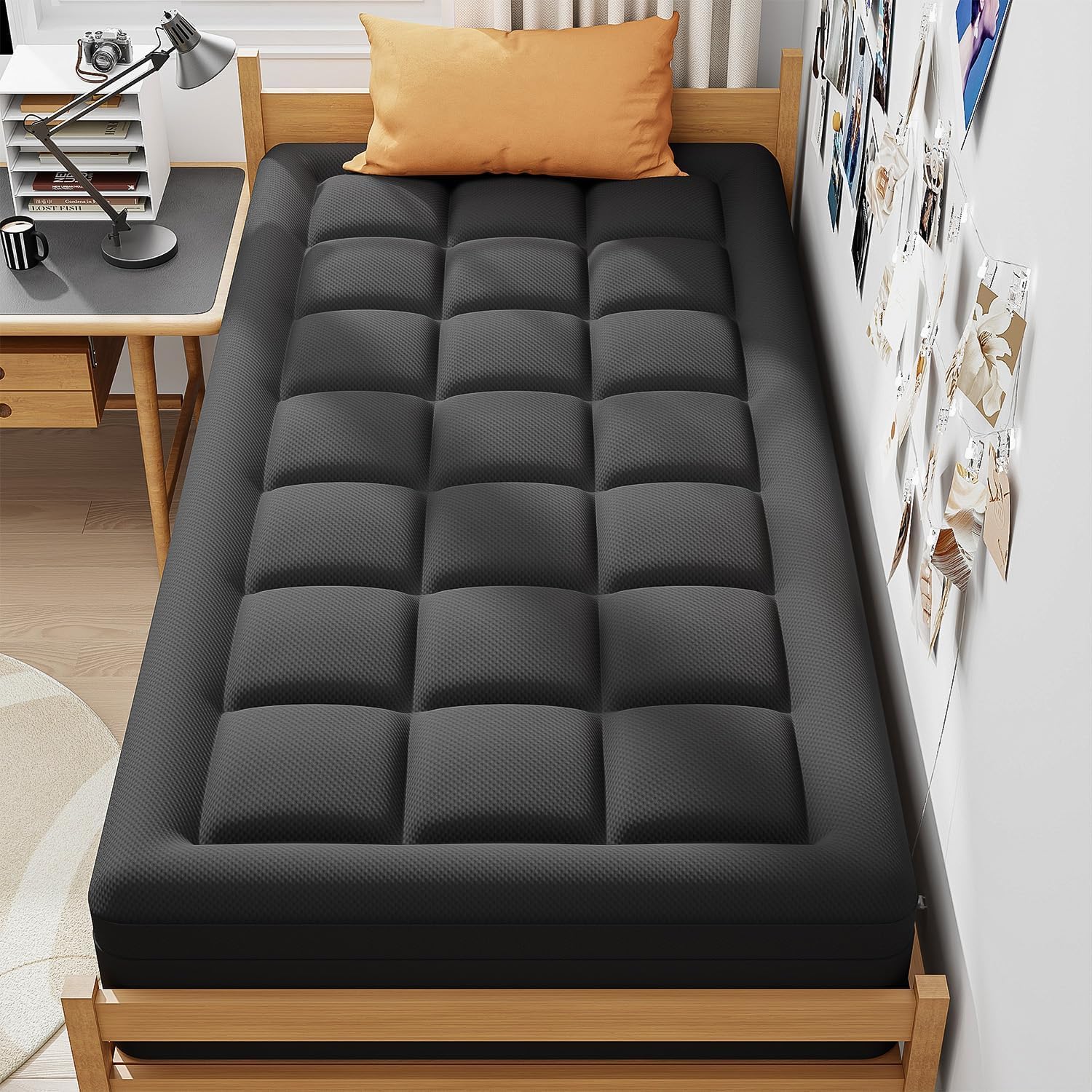 ELEMUSE Dual Layer 3 Inch Memory Foam Mattress Topper Twin, 2 Inch Cooling Gel Memory Foam Plus 1 Inch Down Alternative Pillowtop Mattress Pad with Cooling Cover, Soft Comfort Support, Black