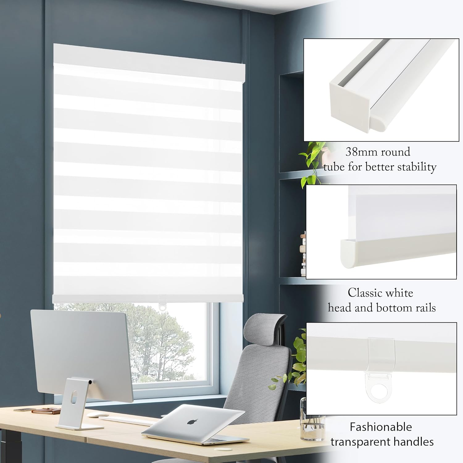 GHV Cordless Zebra Blinds for Windows Free-Stop Shades Light Filtering Dual Layer Light Control for Day and Night (White, 30 in (W) x 64 in (H))