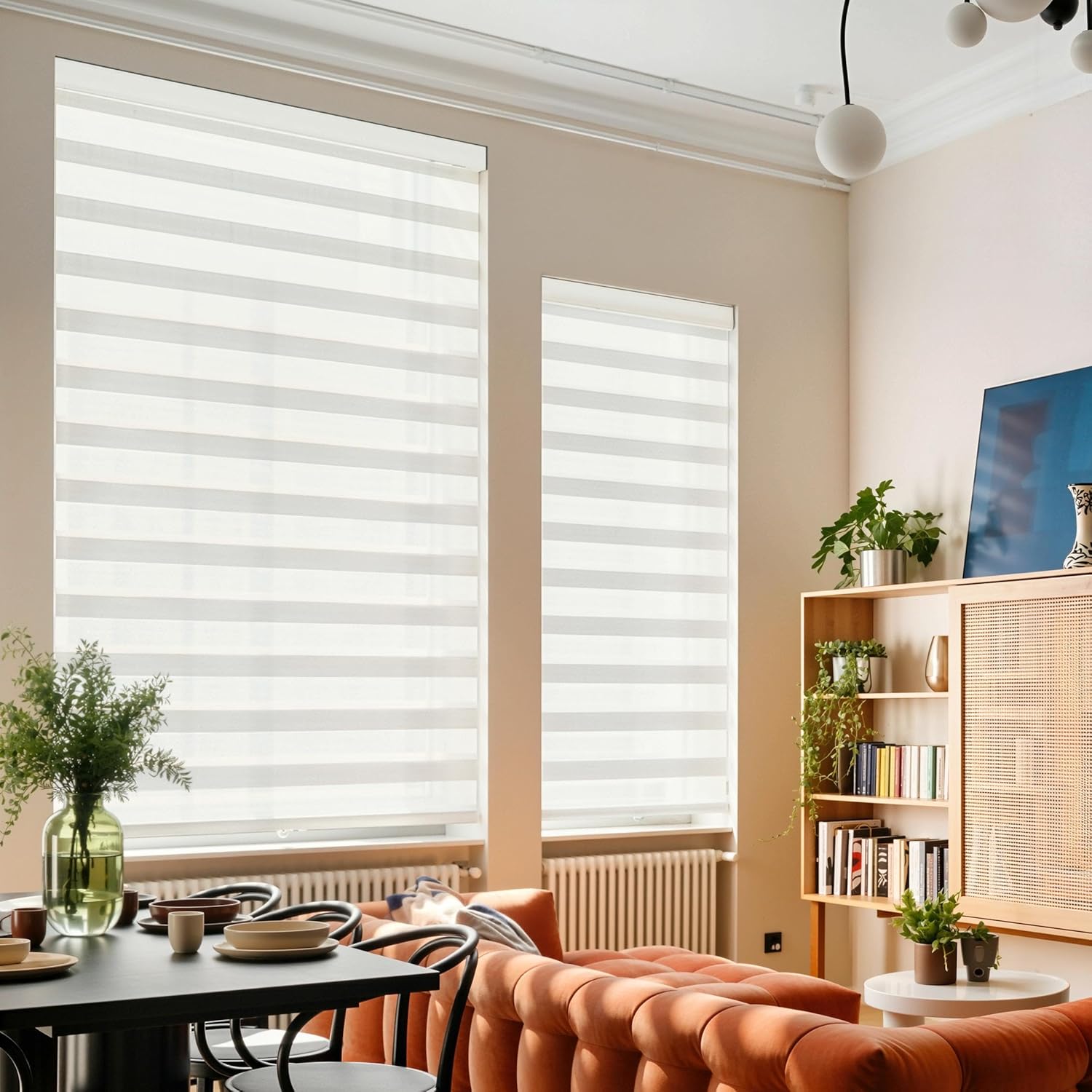 GHV Cordless Zebra Blinds for Windows Free-Stop Shades Light Filtering Dual Layer Light Control for Day and Night (White, 30 in (W) x 64 in (H))
