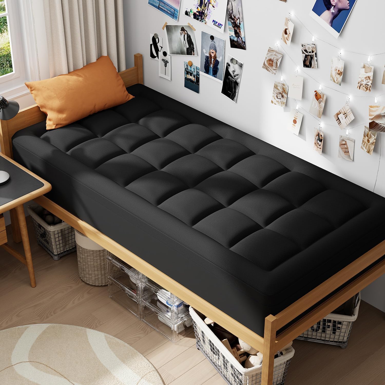 ELEMUSE Dual Layer 3 Inch Memory Foam Mattress Topper Twin, 2 Inch Cooling Gel Memory Foam Plus 1 Inch Down Alternative Pillowtop Mattress Pad with Cooling Cover, Soft Comfort Support, Black