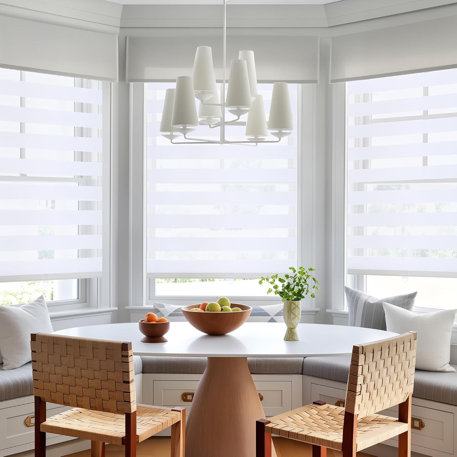 GHV Cordless Zebra Blinds for Windows Free-Stop Shades Light Filtering Dual Layer Light Control for Day and Night (White, 30 in (W) x 64 in (H))