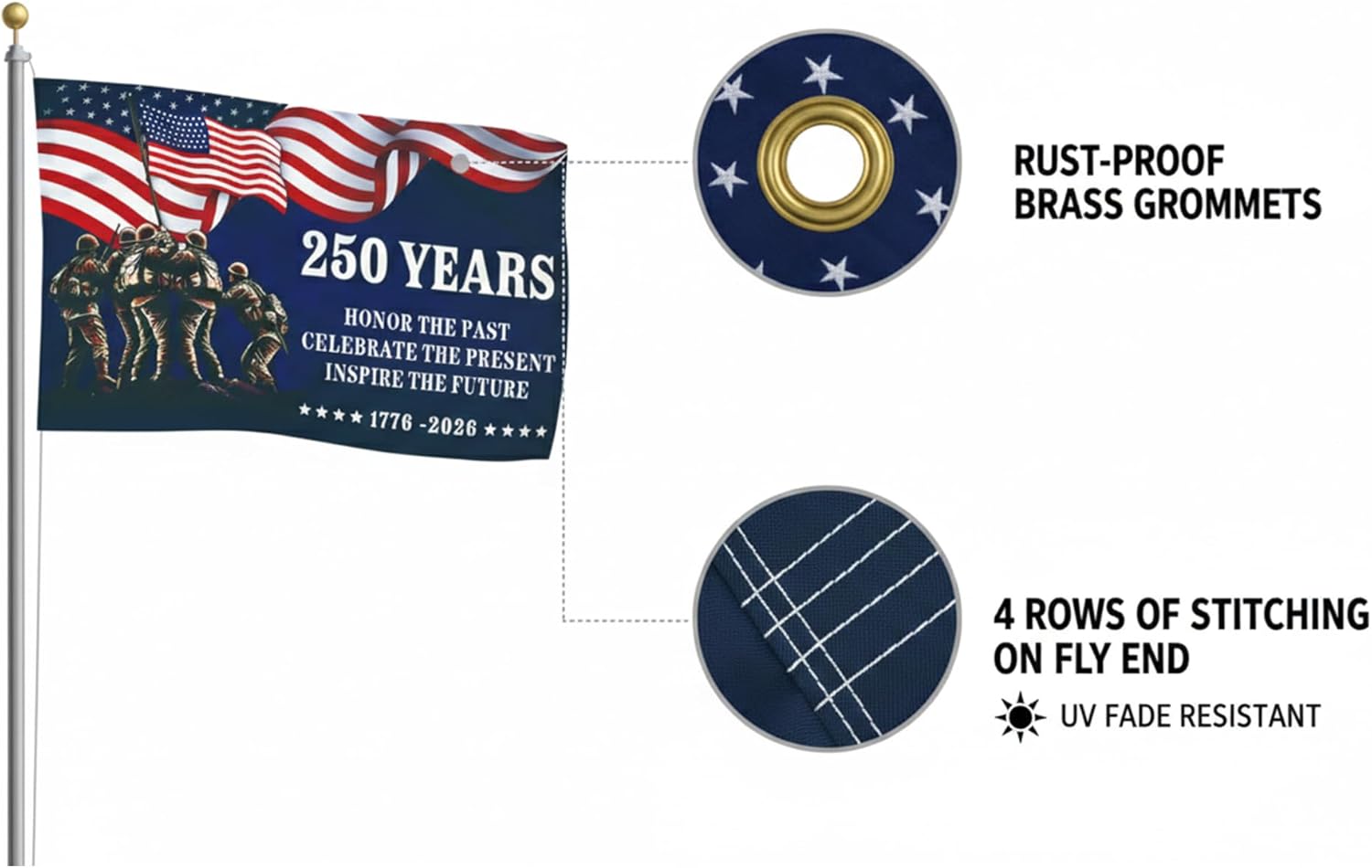 250th Anniversary American Flag, Semiquincentennial Commemorative 1776-2026, USA 250 3x5 Ft Flags, Double-Sided Printed, Three-Layer Fabric, Outdoor Decorative Flag (B)
