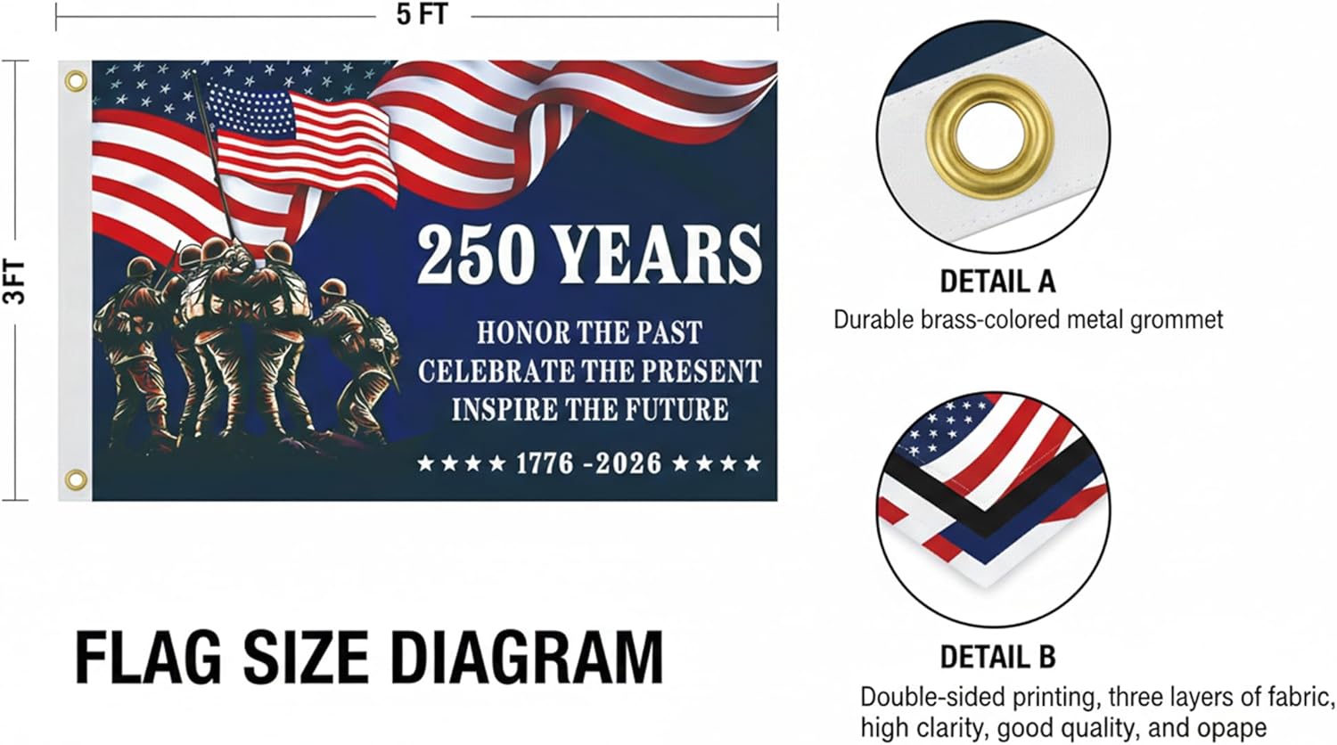 250th Anniversary American Flag, Semiquincentennial Commemorative 1776-2026, USA 250 3x5 Ft Flags, Double-Sided Printed, Three-Layer Fabric, Outdoor Decorative Flag (B)