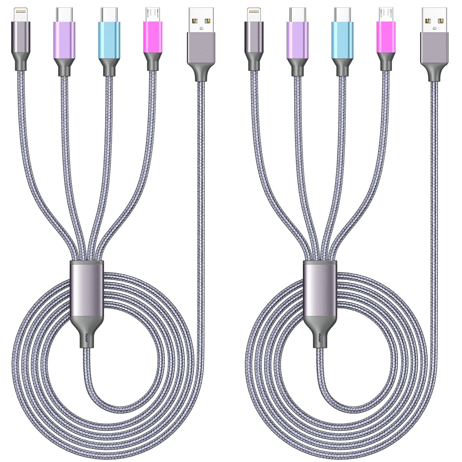 Multi Charging Cable 4ft 2Pack 4 in 1 Charger Cord,Doub Tyep-C Multiple Rapid Nylon Braided Cable USB Charging Cable Multi Phone Charger Cord with Type C Micro Lightning USB Connectors for Cell Phones