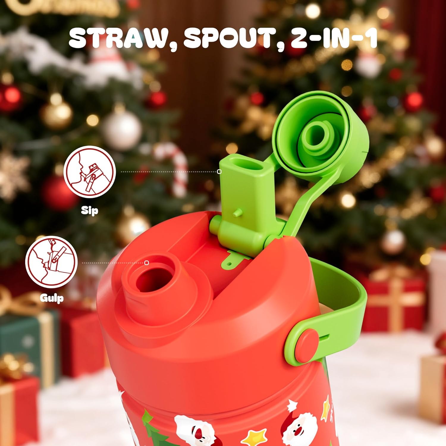 12 oz Kids Christmas Insulated Water Bottle: 2-in-1 Straw Spout Lid, Leakproof, BPA-Free, Keep Cold 24H, Stainless Steel Cup with Carrier Bag for Party, Travel, Holiday Gift (Santa's Jolly Wishes)
