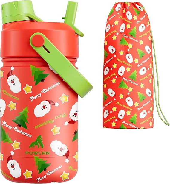 12 oz Kids Christmas Insulated Water Bottle: 2-in-1 Straw Spout Lid, Leakproof, BPA-Free, Keep Cold 24H, Stainless Steel Cup with Carrier Bag for Party, Travel, Holiday Gift (Santa's Jolly Wishes)