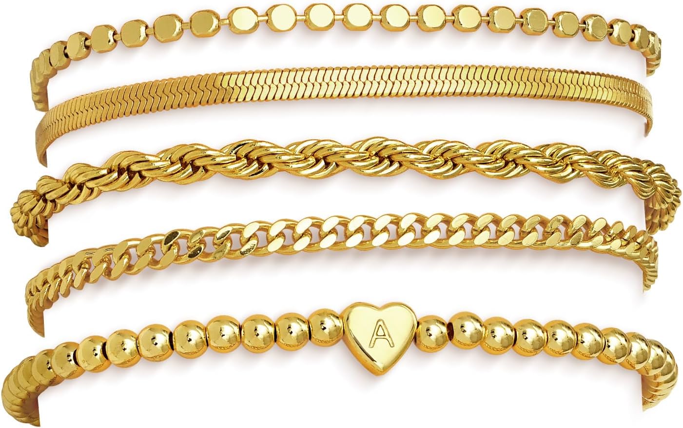 doubgood Mothers Day Gifts Gold Bracelets for Women Waterproof Stackable Heart Initial Charm Bracelets Set A-Z Letter 14K Gold Plated Adjustable Chain Link Stack Jewelry Gifts for Mom Birthday