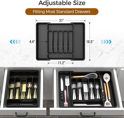 ukeetap Extra Large Expandable Silverware Organizer, BPA-Free Food-Safe Cutlery Flatware Organizer, Kitchen Utensil Drawer Organizer, Adjustable Silverware Holder for Spoons Forks Knives, Black