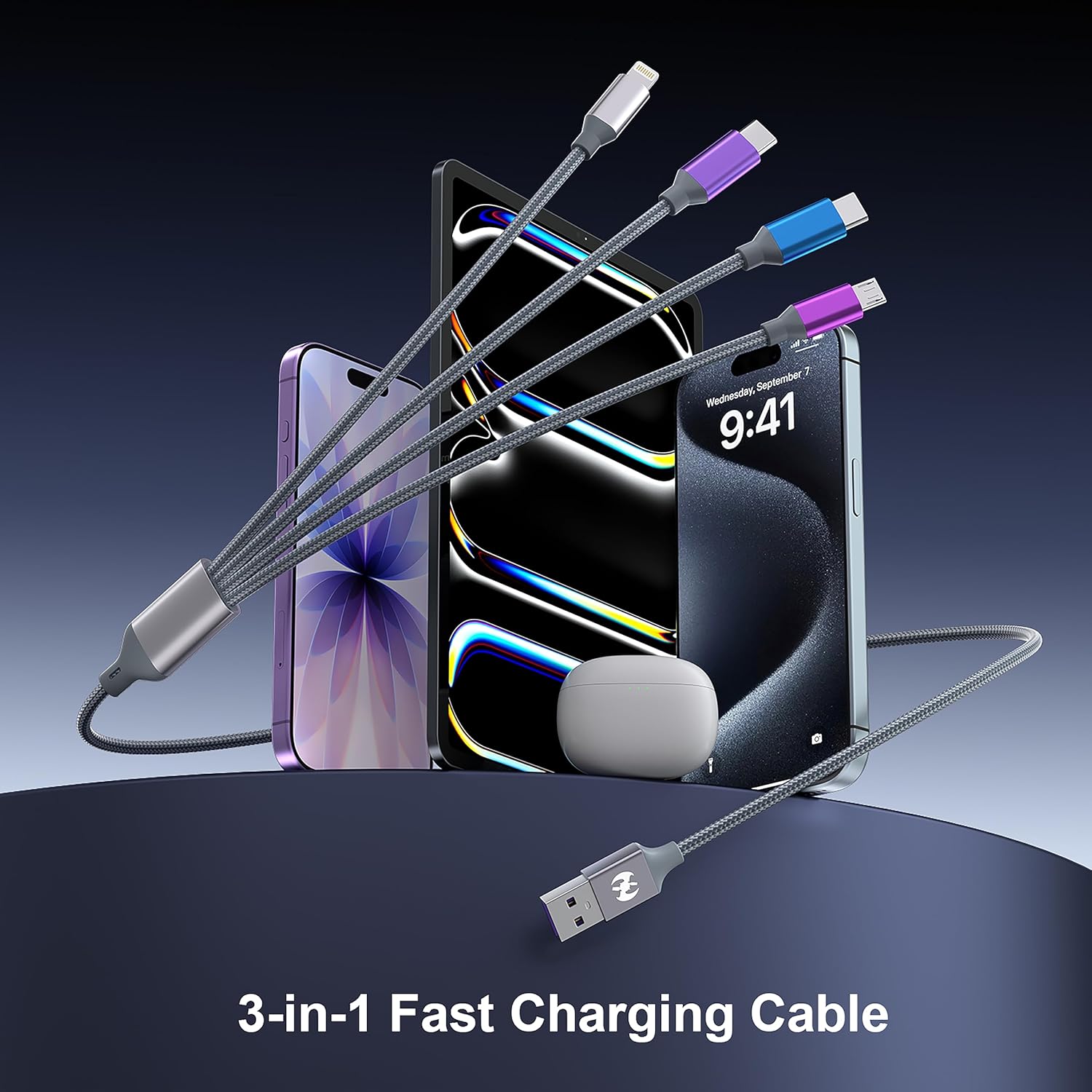 Multi Charging Cable 4ft 2Pack 4 in 1 Charger Cord,Doub Tyep-C Multiple Rapid Nylon Braided Cable USB Charging Cable Multi Phone Charger Cord with Type C Micro Lightning USB Connectors for Cell Phones
