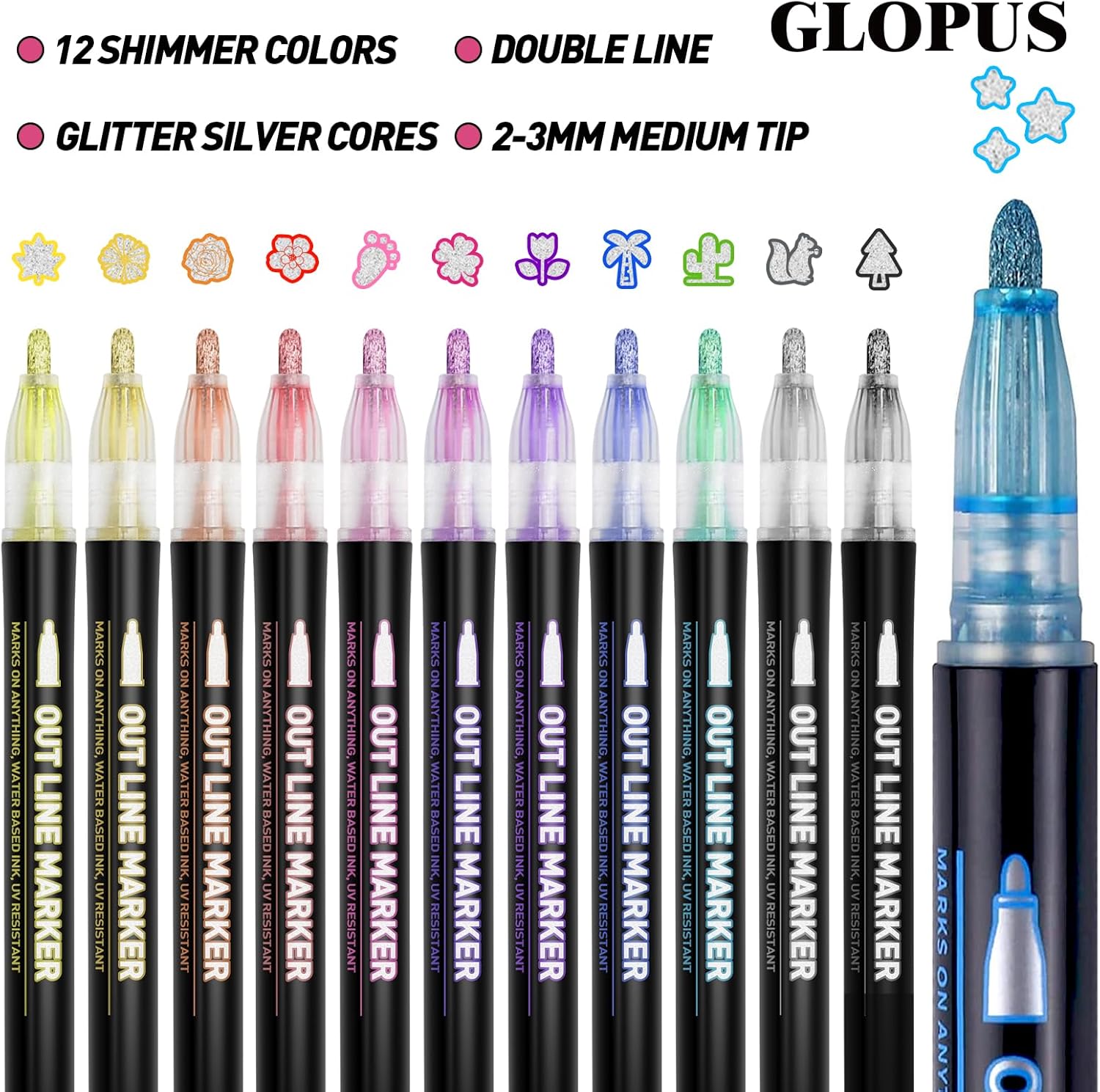 GLOPUS Outline Glitter Markers, Teen Girl Gifts Trendy Stuff, Art Supplies for Kids 6-8 9-12, Crafts for Girls 8-12, 12 Self Outline Metallic Markers, Gift for 4-12 Year Old Girls Birthday Gift