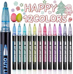 GLOPUS Outline Glitter Markers, Teen Girl Gifts Trendy Stuff, Art Supplies for Kids 6-8 9-12, Crafts for Girls 8-12, 12 Self Outline Metallic Markers, Gift for 4-12 Year Old Girls Birthday Gift