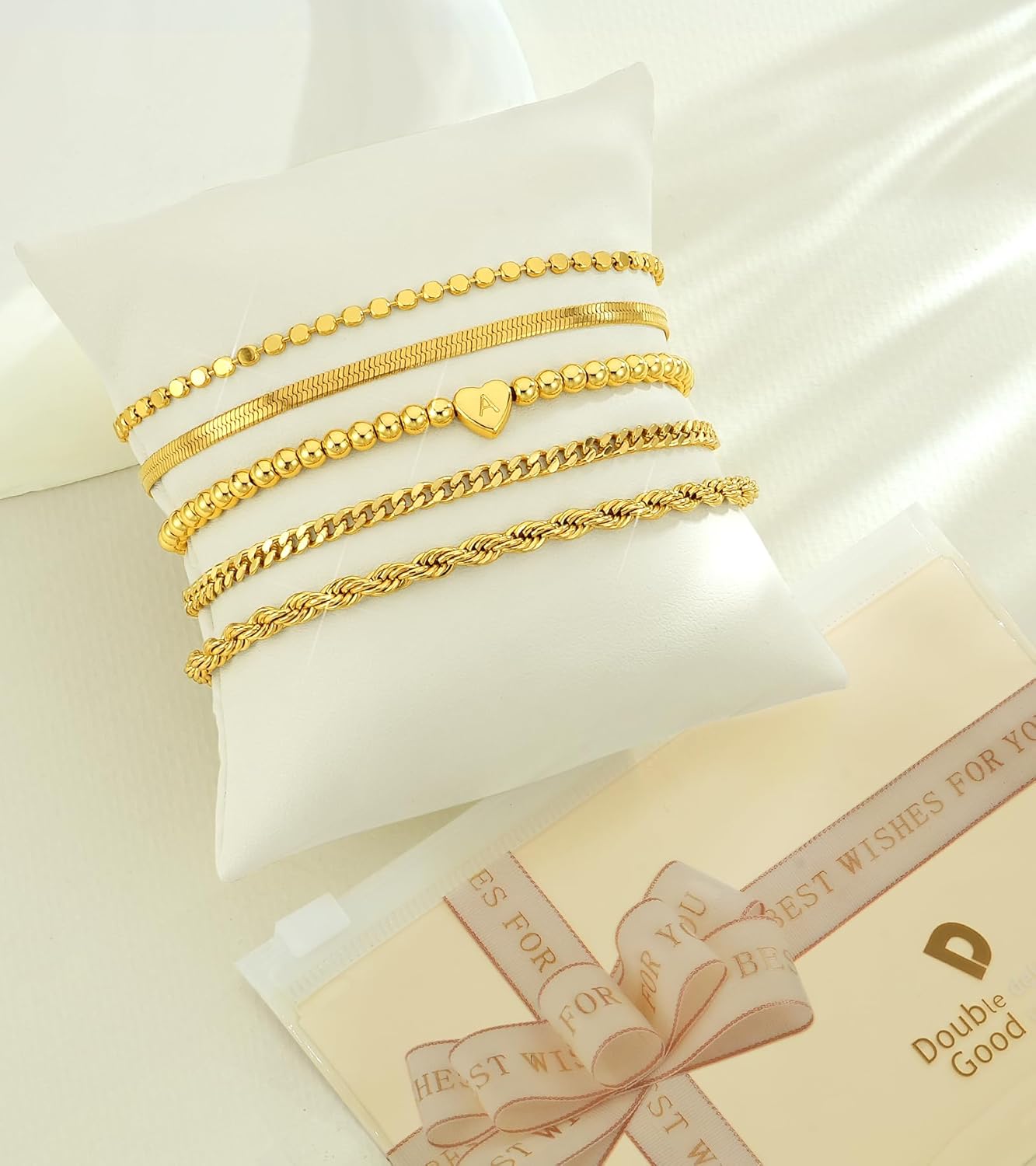 doubgood Mothers Day Gifts Gold Bracelets for Women Waterproof Stackable Heart Initial Charm Bracelets Set A-Z Letter 14K Gold Plated Adjustable Chain Link Stack Jewelry Gifts for Mom Birthday
