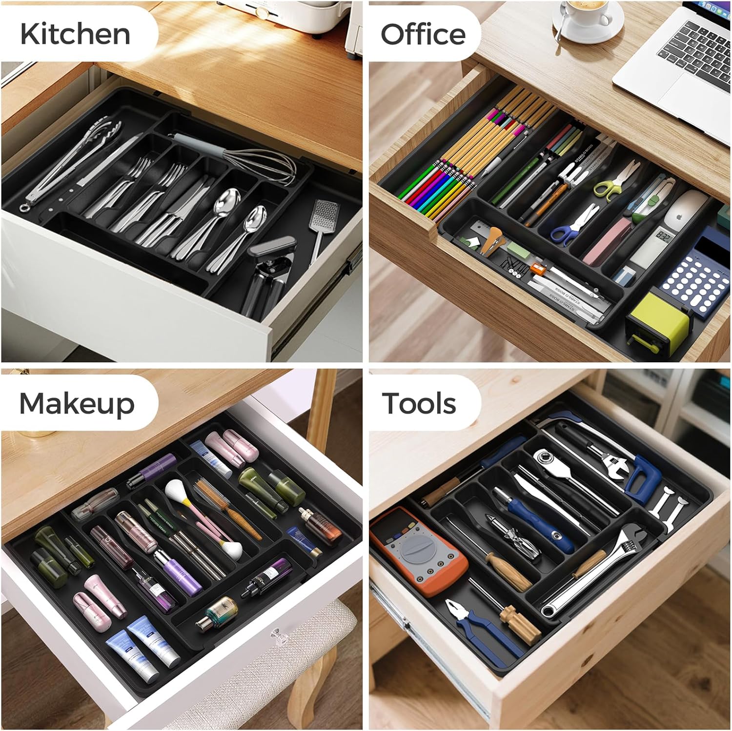ukeetap Extra Large Expandable Silverware Organizer, BPA-Free Food-Safe Cutlery Flatware Organizer, Kitchen Utensil Drawer Organizer, Adjustable Silverware Holder for Spoons Forks Knives, Black