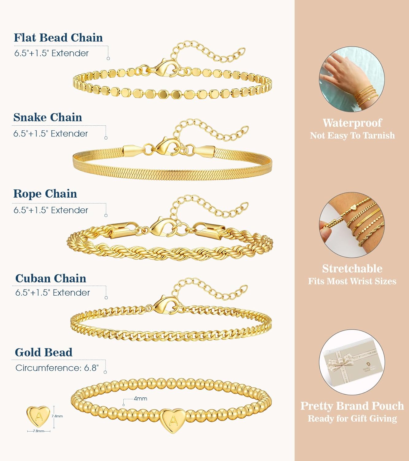 doubgood Mothers Day Gifts Gold Bracelets for Women Waterproof Stackable Heart Initial Charm Bracelets Set A-Z Letter 14K Gold Plated Adjustable Chain Link Stack Jewelry Gifts for Mom Birthday