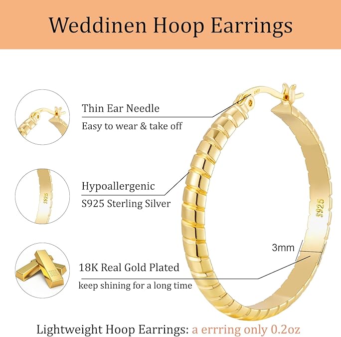 WEDDINEN 3mm Thick S925 Sterling Silver Hoop Earrings Large Gold Silver Hoop Earrings for Women Hypoallergenic Lightweight Big Hoop Earrings 30/40/50/60/70mm