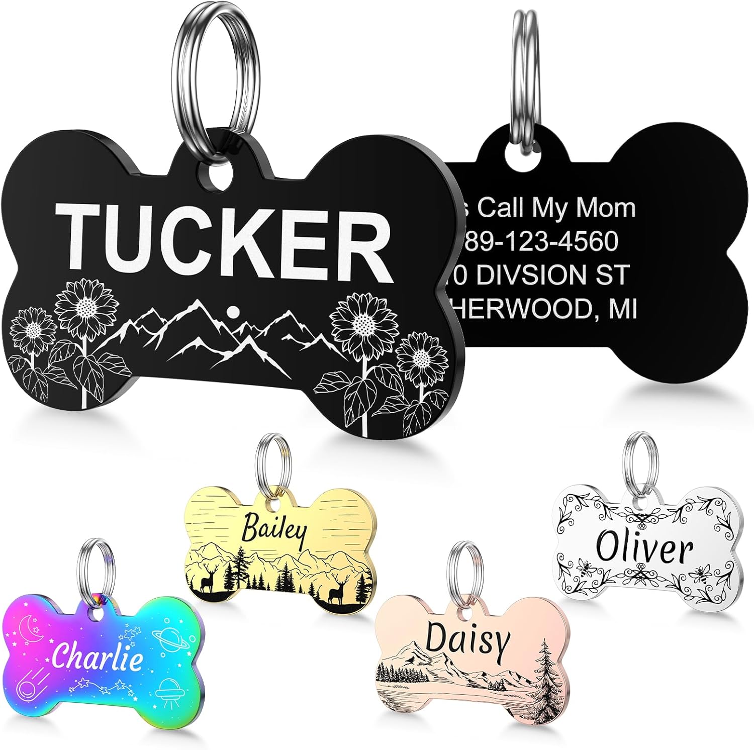YEHANTI Dog Tags Personalized for Pets with Name Pattern Art Design - Engraved with Laser - Stainless Steel Cats Dogs ID Tags - Stylish Dog Collar Accessories (Hexagon Shape)