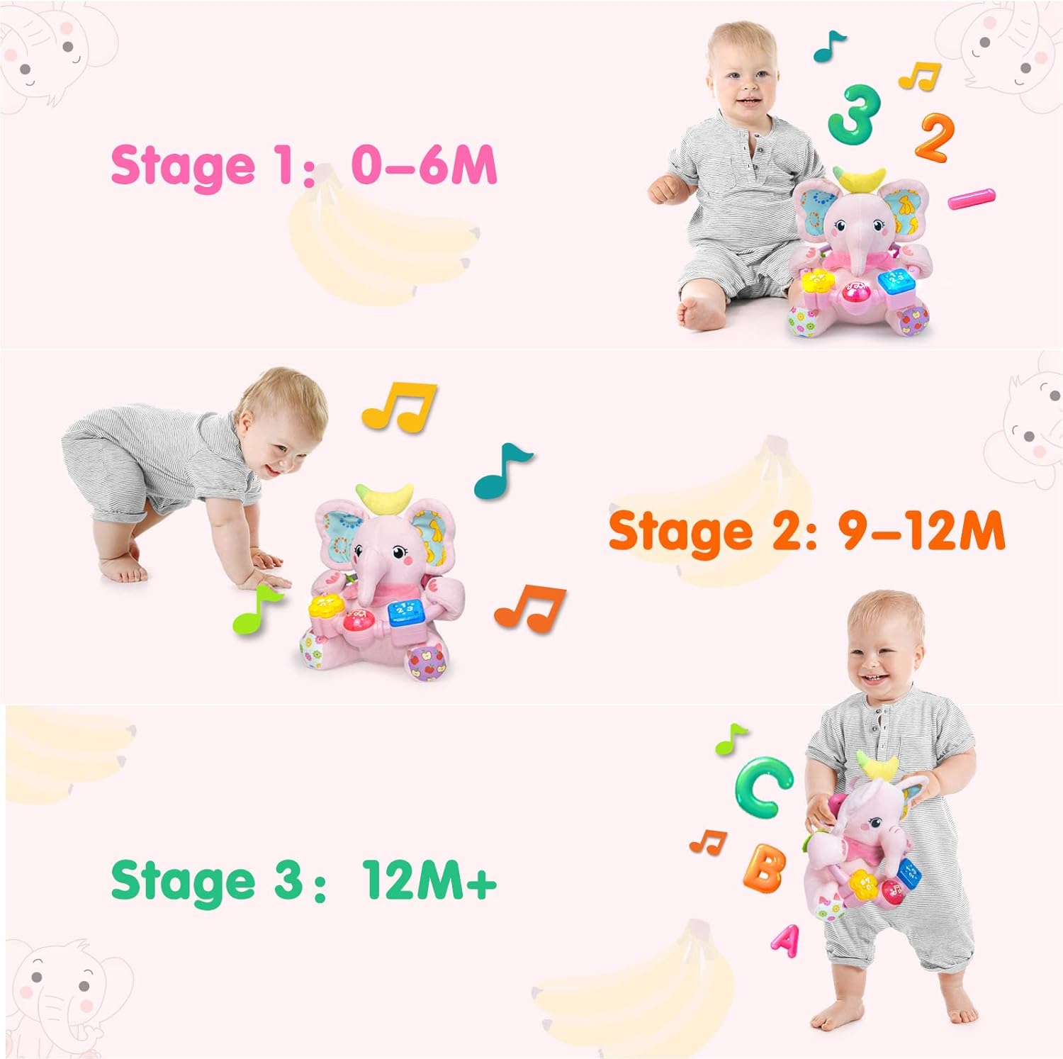 Ryotagift Baby Bilingual Musical Elephant Stuffed Animals Toys, Infant Early Learning Toy with Light-Up Music & Crinkle, Tummy Time Toys for 0 3 6 9 12+ Months for Baby Boy Girl Gift, Pink