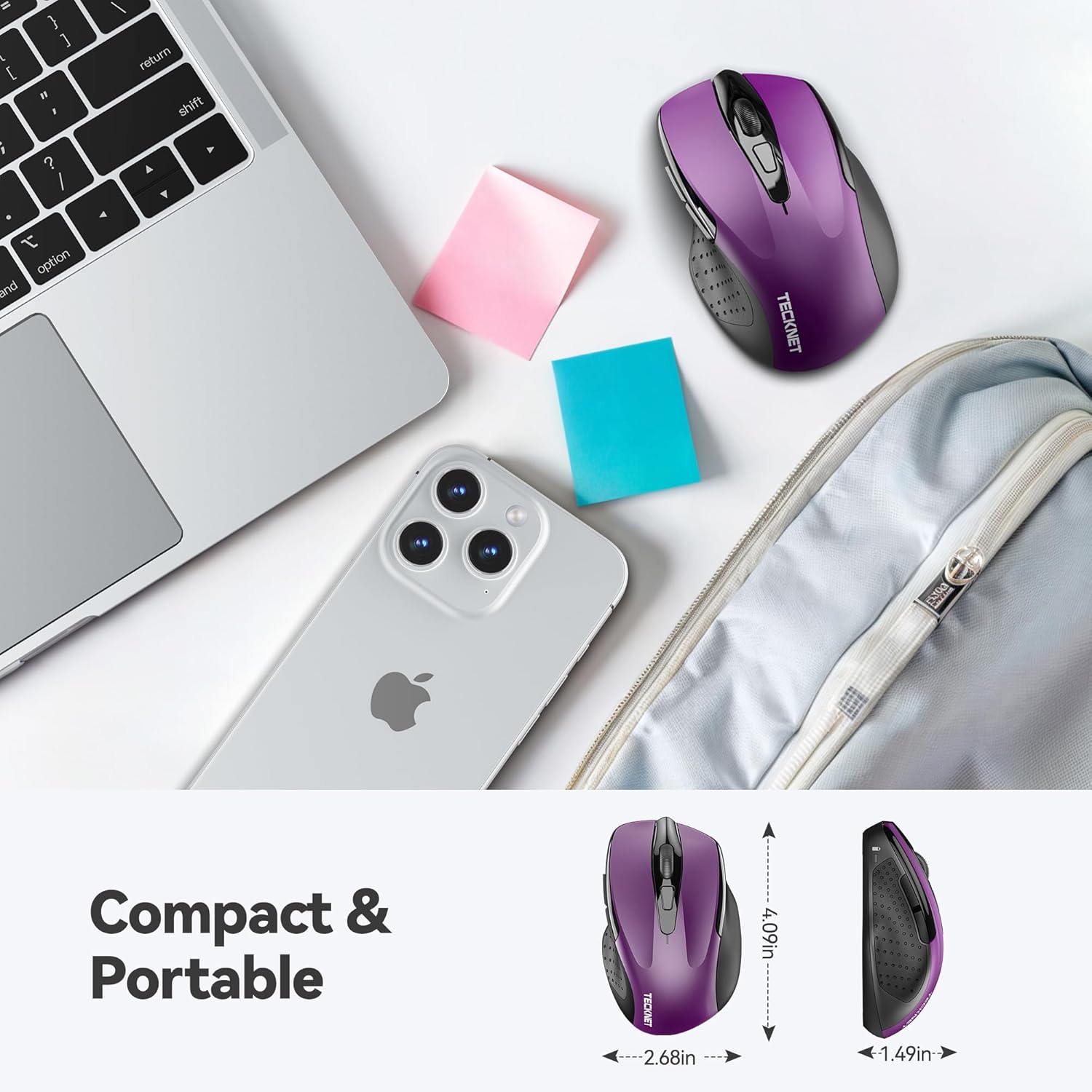 TECKNET Wireless Mouse, 2.4G Ergonomic Optical Mouse, Computer Mouse for Laptop, PC, Computer, Chromebook, Notebook, 6 Buttons, 24 Months Battery Life, 2600 DPI, 5 Adjustment Levels - Purple