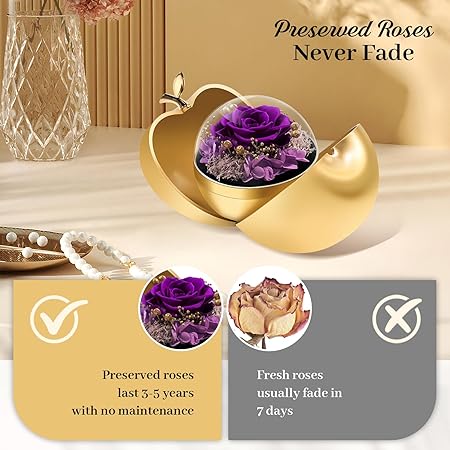 Preserved Roses Forever Flowers Mother's Day Heart Necklace Gifts for Birthday Mom Her Wife Girlfriend Grandma on Valentines Christmas Anniversary Romantic-Purple