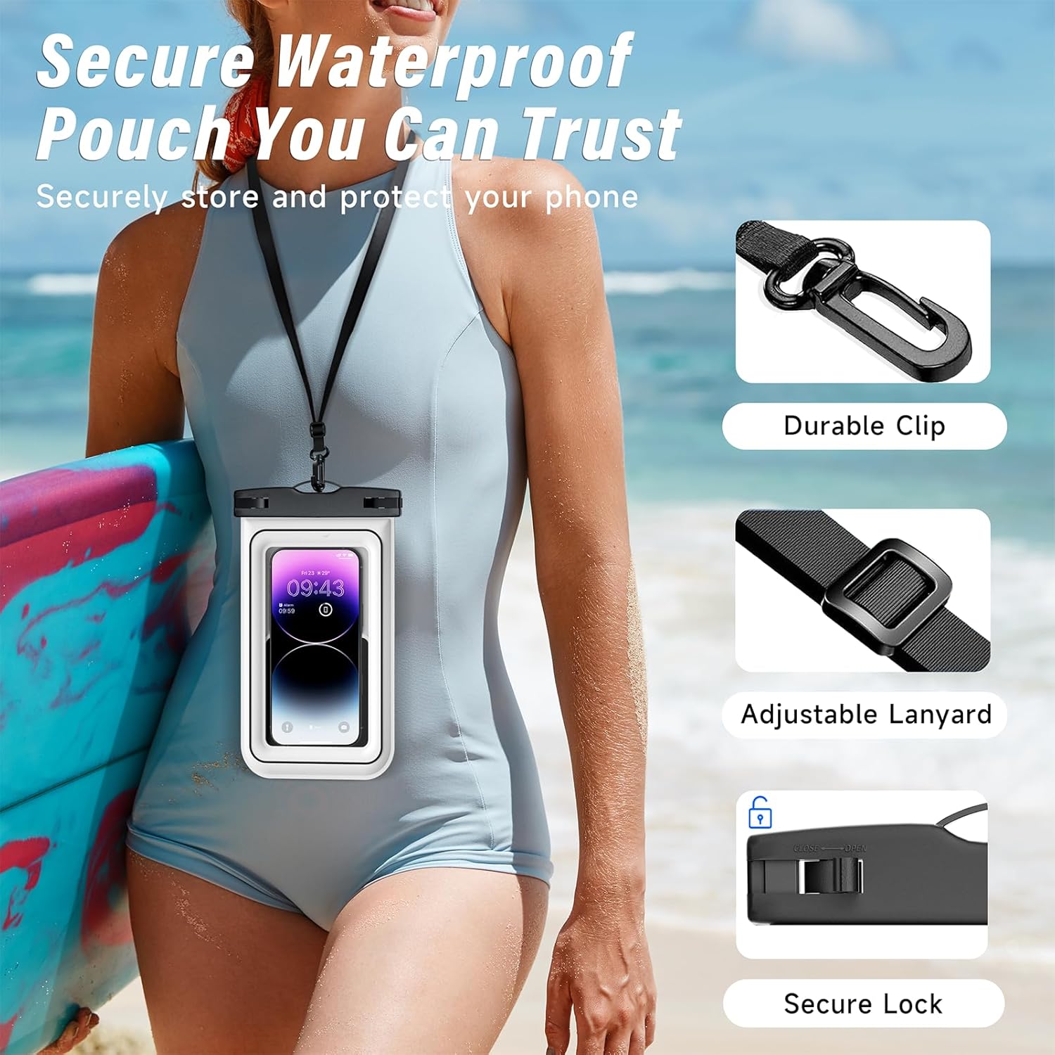 Waterproof Phone Pouch - 2 Pack IP68 Floating Waterproof Phone Case, Dry Bag Beach Cruise Essentials 2026 with Adjustable Lanyard for iPhone 17 16 15 Pro Max / Galaxy S24 S23 (Black and White)