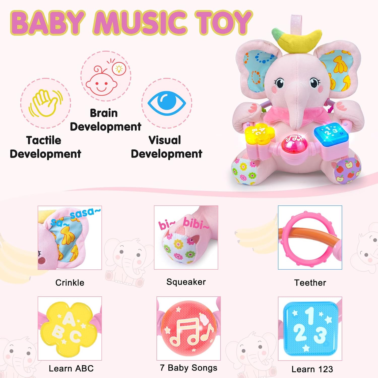 Ryotagift Baby Bilingual Musical Elephant Stuffed Animals Toys, Infant Early Learning Toy with Light-Up Music & Crinkle, Tummy Time Toys for 0 3 6 9 12+ Months for Baby Boy Girl Gift, Pink
