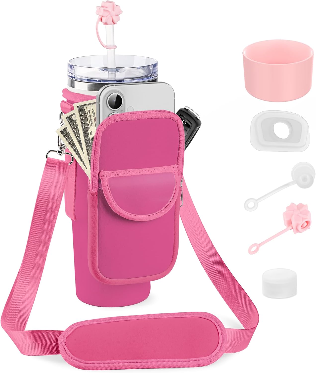 Water Bottle Holder with Strap for Stanley 30/40 oz Tumbler, Fashion Stanley Cup Bag with Big Phone Pocket, Silicone Boot, Straw Cover & Leak Proof Stoppers