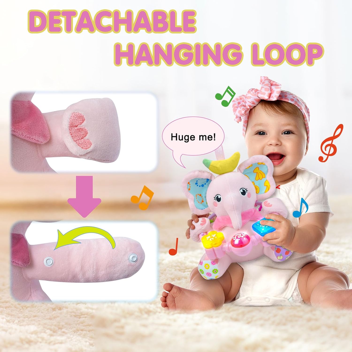 Ryotagift Baby Bilingual Musical Elephant Stuffed Animals Toys, Infant Early Learning Toy with Light-Up Music & Crinkle, Tummy Time Toys for 0 3 6 9 12+ Months for Baby Boy Girl Gift, Pink