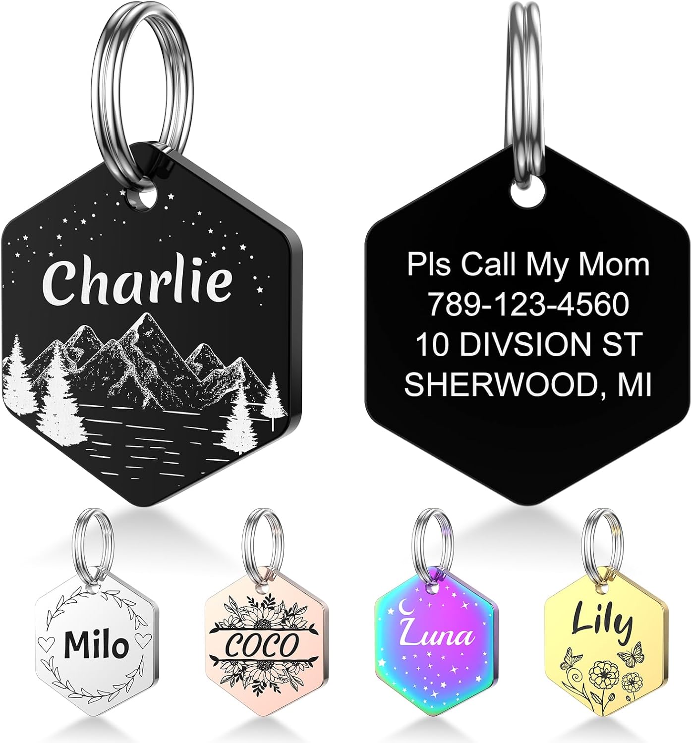 YEHANTI Dog Tags Personalized for Pets with Name Pattern Art Design - Engraved with Laser - Stainless Steel Cats Dogs ID Tags - Stylish Dog Collar Accessories (Hexagon Shape)